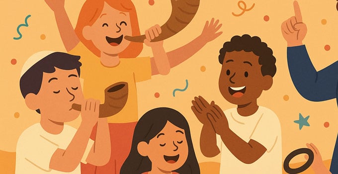 Illustration of children blowing and holding shofars